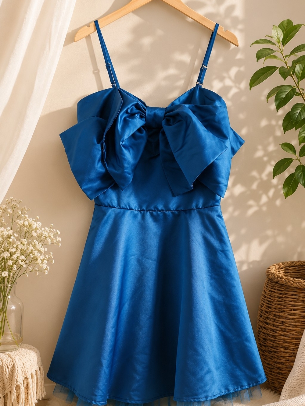 Satin Royal Blue Bow-Front Midi Dress